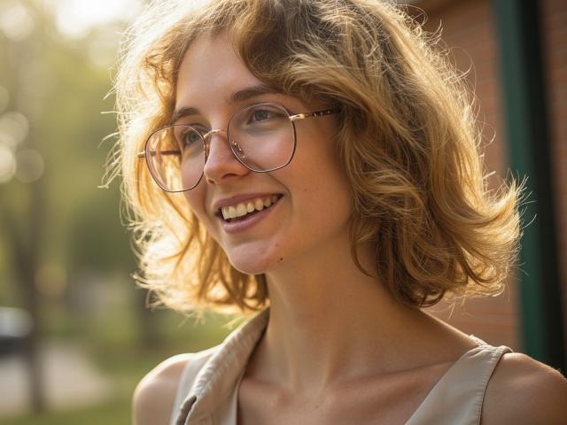 Close-up photo of PennyDelight with curly, shoulder-length blonde hair. She's wearing round, wire-frame glasses and a beige sleeveless top. PennyDelight is smiling with a slightly open mouth, showing her teeth. Sunlight illuminates her hair, creating a warm, glowing effect. Her skin is light with a few small moles on her right cheek. The background is blurred, emphasizing PennyDelight's face. The image has a natural, candid feel. The lighting and composition highlight her relaxed, happy expression.
