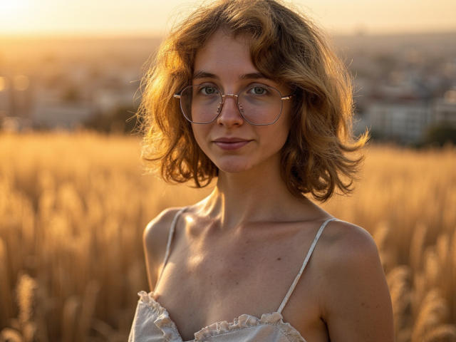 PennyDelight has wavy, medium-brown hair and wears round, wire-framed glasses. She's in a sunlit wheat field, with golden light illuminating her face and hair. She's wearing a white, lace-trimmed, spaghetti-strap top that reveals her collarbones and upper chest. Her skin is fair, and she has a subtle, calm expression. The background is blurred, focusing on her upper body. The warm, golden light enhances her natural beauty and the texture of her hair.