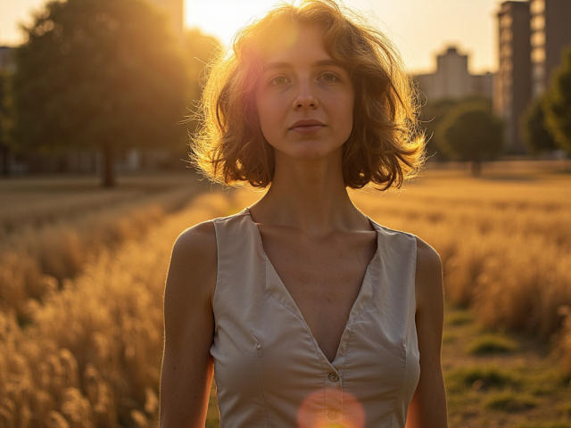 PennyDelight stands in a sunlit field with golden wheat, her wavy brown hair glowing from the sunlight. She wears a sleeveless, white, button-up top. The sun is low, casting a warm, orange lens flare across her face. She looks straight ahead with a calm, slightly serious expression. The background is blurred, with trees and buildings. The light highlights her fair skin and subtle freckles. The overall composition emphasizes her centered, serene presence.