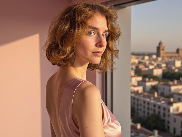 PennyDelight stands in a sunlit room, facing slightly to the left. She has wavy, shoulder-length brown hair and green eyes. She wears a pink satin sleeveless top that exposes her back. The light casts soft shadows on her face and body. Her expression is neutral, and she looks over her shoulder. The background shows a cityscape with a church tower and buildings. The image has warm, natural light. She has fair skin and a slender build. The overall composition is balanced with a focus on PennyDelight's upper body.