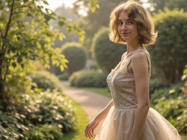 PennyDelight stands in a sunlit garden, wearing a sleeveless, beige lace dress with a sheer, flowing skirt. Her short, wavy brown hair is slightly tousled. She faces right, smiling gently. The sunlight creates a soft glow on her fair skin. The greenery and pathway in the background are blurred, focusing attention on PennyDelight. The dress's lace detail is intricate, contrasting with the simple, natural setting. The overall composition is balanced, with PennyDelight slightly off-center.