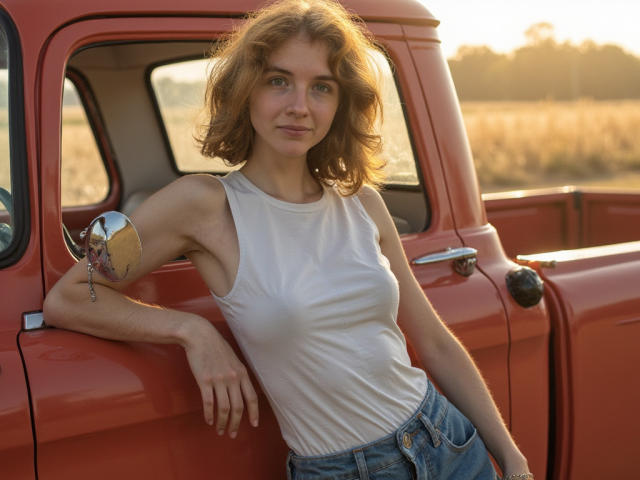 PennyDelight leans against a red vintage truck with her right arm resting on the door. She has wavy, shoulder-length red hair and light green eyes. She wears a white sleeveless tank top and blue jeans. Her left arm, adorned with a small, reflective mirror, is relaxed by her side. The golden sunlight casts a warm glow on her fair skin. The truck's smooth, shiny paint contrasts with the natural, slightly blurred background. The overall composition emphasizes PennyDelight's casual, relaxed posture and the truck's retro style.