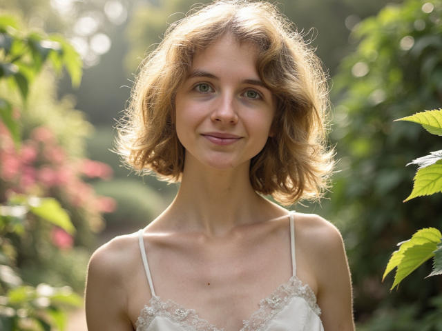 PennyDelight is a young woman with light brown, wavy hair that falls just above her shoulders. She has fair skin, green eyes, and a subtle smile. She's wearing a white lace-trimmed spaghetti strap top. The light is soft, coming from the upper left, highlighting her hair and creating a slight shadow on her right. The green foliage and pink flowers in the background are slightly blurred, keeping the focus on PennyDelight. Her slender build and gentle expression give her a delicate, serene look. The composition is centered, with a natural, outdoor setting.
