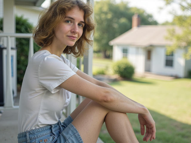 PennyDelight with curly brown hair, small tits, white shirt, and blue shorts, sitting with knees up, smiling softly, in front of a house, sunlight on her face.