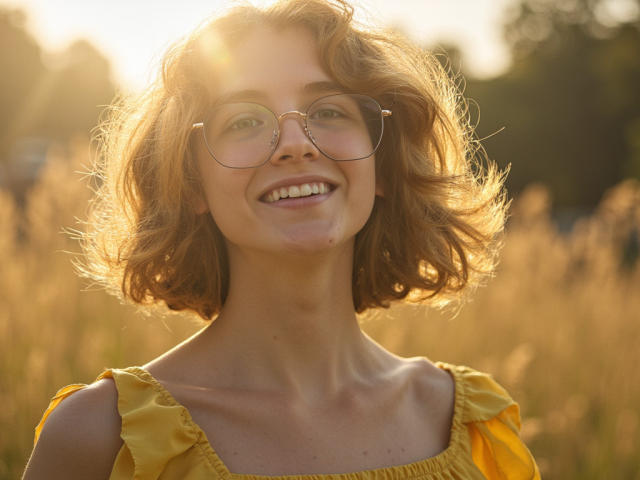PennyDelight has a fair skin tone with light freckles, short, wavy, reddish-brown hair, and wears round, thin-framed glasses. She's smiling with slightly parted lips, showing small, even teeth. She's dressed in a yellow, sleeveless top with puffy, ruffled shoulders. The sun is behind her, creating a halo effect around her hair. The background is a blurred, golden field. The light highlights her cheekbones and the texture of her hair. Slight shadow under her chin.