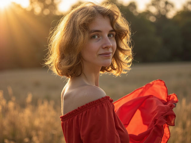 PennyDelight stands in a sunlit field with wavy, shoulder-length blonde hair. She wears an off-shoulder red dress, holding a bright red fabric in her right hand. Her light skin contrasts with the dress. Her green eyes look to the right, and she has a slight, confident smile. The golden sunlight creates a warm glow on her hair and skin. The background is blurred, emphasizing PennyDelight as the focal point. The texture of the dress is soft and slightly wrinkled. The image has a natural, realistic style.
