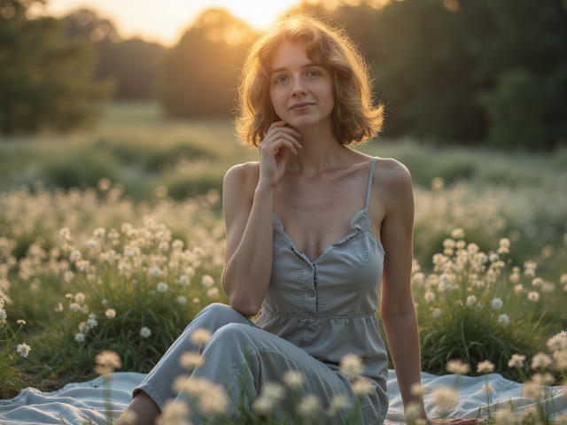 PennyDelight, a slender woman with light brown, wavy hair, sits in a sunlit field of white wildflowers. She wears a light gray, button-down, sleeveless dress. Her right hand touches her chin, and she looks slightly to the left. The warm sunlight filters through trees in the background, creating a golden glow. The soft focus on the flowers and PennyDelight's relaxed posture add a peaceful, natural vibe. Her subtle smile enhances the relaxed atmosphere. The image uses natural lighting and a shallow depth of field.