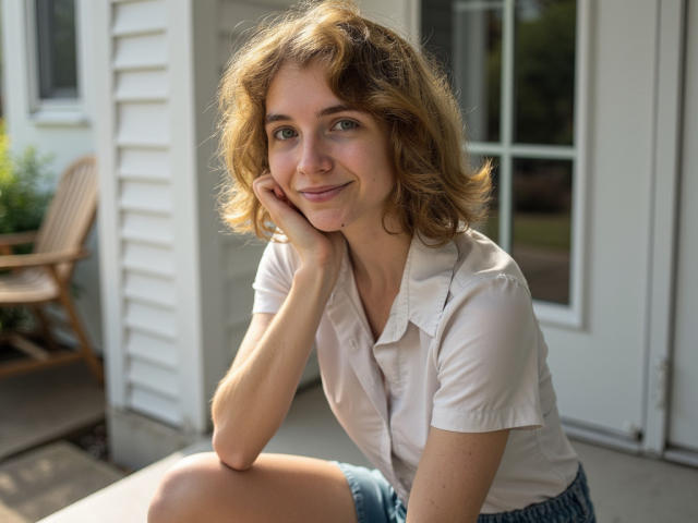 PennyDelight has curly blonde hair, blue eyes, and a cute smile. She's wearing a beige shirt and blue shorts, sitting with her hand on her cheek, looking relaxed.