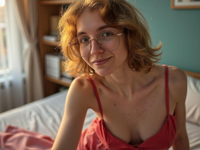 PennyDelight with curly blonde hair, wearing red glasses and a red dress, showing her small tits and smiling gently, sitting on a bed.