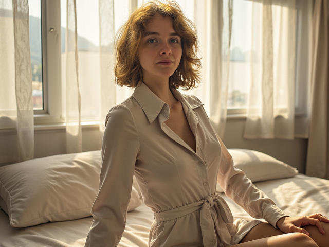 PennyDelight, with short blonde hair, sits on a bed in a beige button-up dress, her tits slightly visible through the fabric, sunlight streaming through sheer curtains.