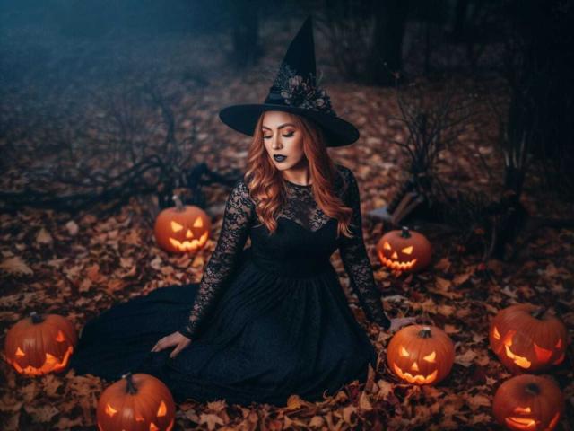 SharomCastle with tits in a black lace witch dress, wearing a witch hat, sitting on autumn leaves, surrounded by glowing carved pumpkins, looking down with dark lipstick.
