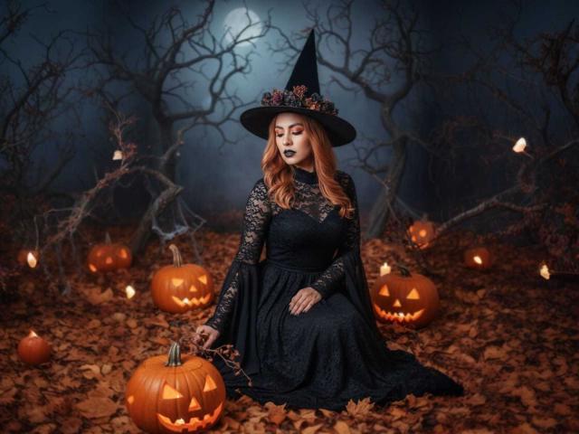SharomCastle with orange hair, black lace dress, and witch hat, kneeling on autumn leaves, holding pumpkin, surrounded by carved jack-o'-lanterns, under full moon, dark forest.