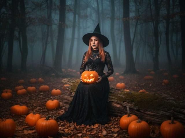 SharomCastle with tits in a black lace dress, witch hat, holding a lit pumpkin, sitting on a log in a foggy forest, surrounded by orange pumpkins.