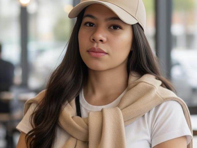 AlmaWhite69 mit langem, dunklem Haar, die eine beige Mütze und ein weißes Hemd trägt, hat einen beige Schal um die Schultern gelegt und blickt leicht zur Seite, mit einem neutralen Gesichtsausdruck..