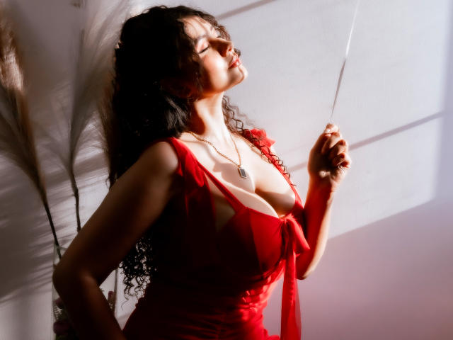 CanelaLebrad, a woman with long curly black hair, stands in a sunlit room, eyes closed, facing a sunbeam. She wears a low-cut, red, sheer dress that reveals ample cleavage. She holds a thin, white string in her right hand. Her skin is light, and she has a necklace with a circular pendant. Light and shadow create a dramatic effect, with pampas grass on the left. The image focuses on her upper body and facial expression.
