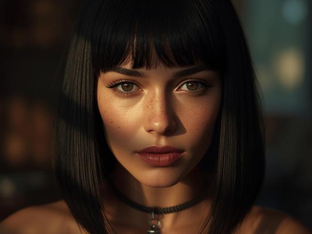 BelleX69 has dark black bobbed hair, brown eyes, and freckles on her face. She wears a black choker with a small pendant and has full red lips.