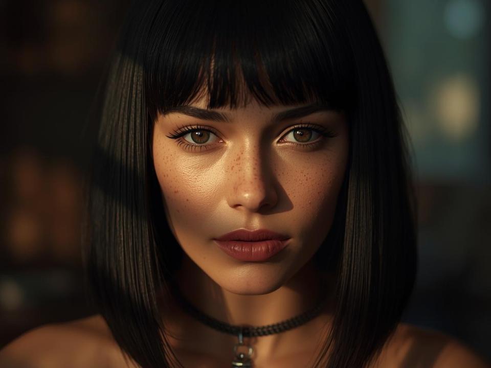 BelleX69 has dark black bobbed hair, brown eyes, and freckles on her face. She wears a black choker with a small pendant and has full red lips.