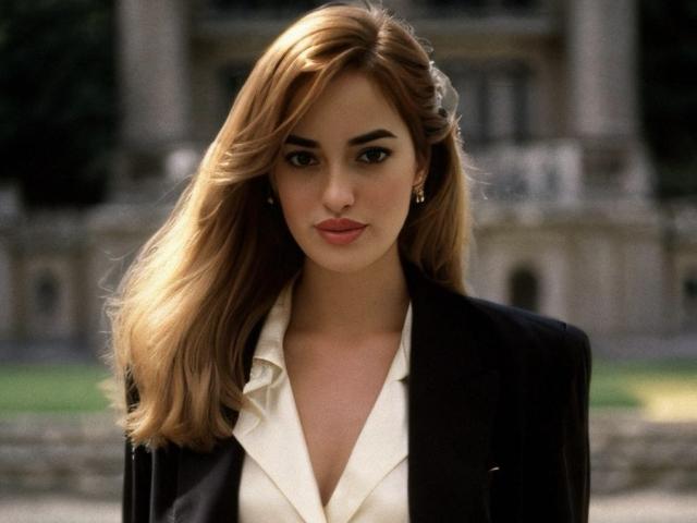 Diamond69s with long blonde hair, black blazer, white shirt, and earrings, has a serious look, standing in front, her tits slightly visible under the shirt.