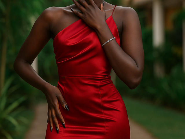 CelliRose with dark skin, wearing a shiny red satin dress, one hand on her hip, the other touching her neck, black nails, and a silver bracelet.
