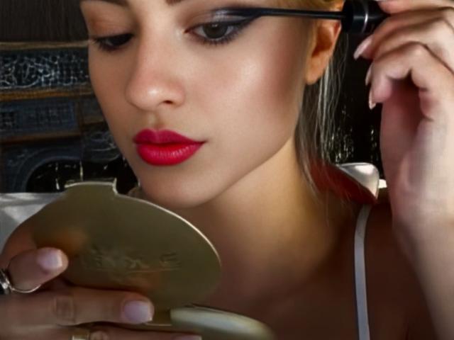 IsidoraxEsther with red lipstick, holding a makeup brush in her right hand and a mirror in her left, applying black eyeliner to her eyes.