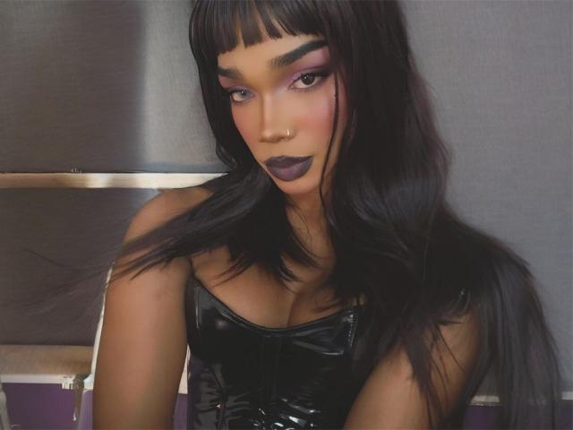 NaomiSteward with long black hair, dark purple lipstick, and a black leather bustier. She's looking at the camera with a serious expression. Her tits are small.