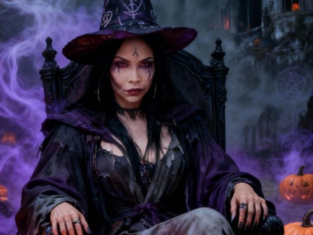 AngelinaDeleon with dark makeup, purple witch hat, and torn robe, sitting on a black throne, showing her tits in a sheer top, surrounded by purple smoke and jack-o'-lanterns.
