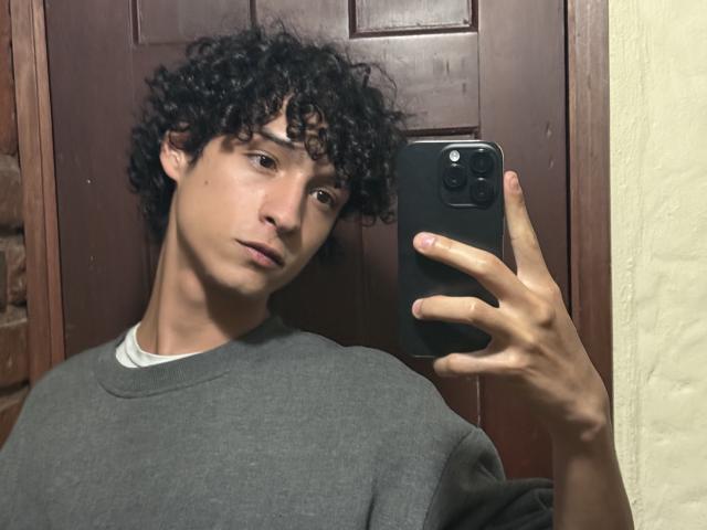 DiegoPhoenix with curly black hair, medium skin, and a slight smile, wearing a gray shirt, taking a mirror selfie with a black phone, showing his hand and face.