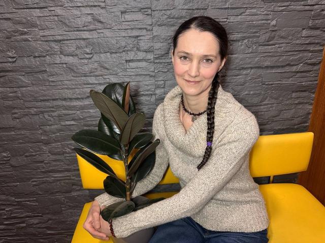 TayaFlavy with dark braids, holding green plant, wearing beige knit sweater, yellow chair, and blue jeans, against gray textured wall.