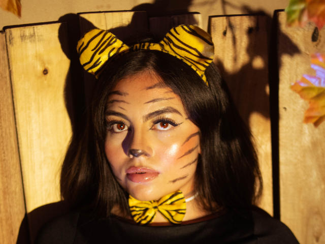 DorothyLane tem cabelo escuro, uma faixa de cabeça e um laço com estampas de tigre, com listras de tigre no rosto, olhos castanhos e lábios brilhantes, tudo em um fundo de madeira sob a luz quente do sol..