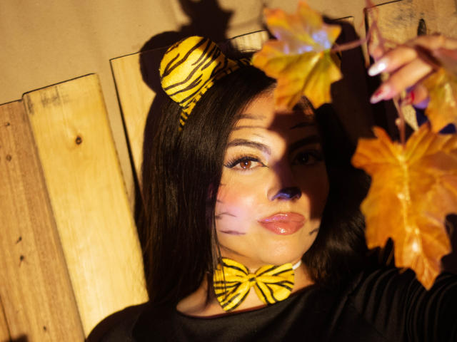 DorothyLane, avec des oreilles de tigre, du maquillage sur le visage et un nœud papillon, tenant des feuilles d'automne, a des lèvres roses brillantes et de longs cheveux noirs, elle porte un haut noir, dans une lumière chaude..
