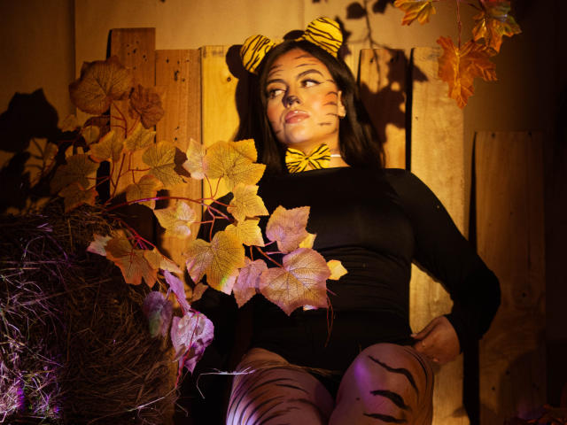 DorothyLane con maquillaje facial a rayas de tigre negras, vistiendo una camiseta negra de manga larga y medias altas a rayas de tigre, una diadema negra con orejas de tigre amarillas, y hojas de otoño en el fondo..