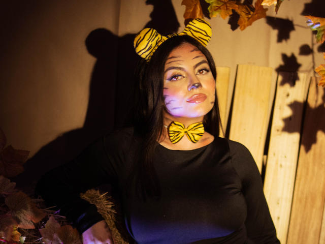 DorothyLane con orejas de tigre y lazo, camiseta negra de manga larga, cabello oscuro, maquillaje, labios fruncidos, sombras de hojas naranjas y amarillas, tablón de madera, luz cálida, sonriendo ligeramente..