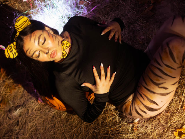 DorothyLane, com pernas listradas como as de um tigre, blusa preta e orelhas de tigre amarelas, deitada em feno, com os olhos fechados, a mão sobre os seios, unhas escuras e rosto listrado, em uma pose sensual..