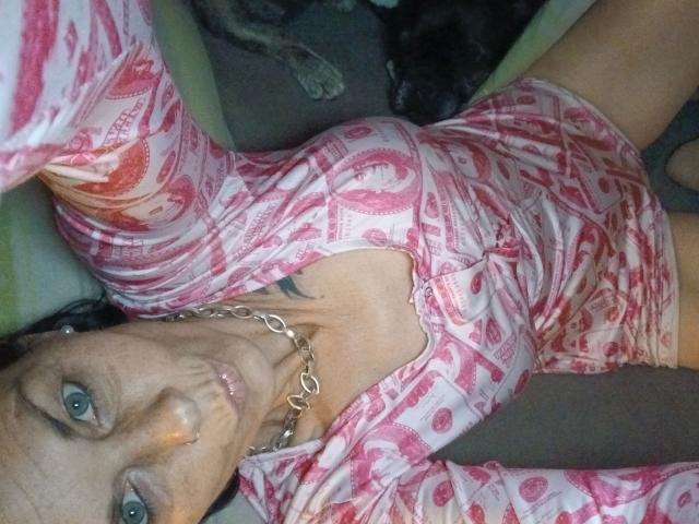 Stellina1-hot with pink patterned dress, silver chain necklace, nose piercing, and chain bracelet, lying down, showing tits, and a slight view of her ass, with a dog in background.
