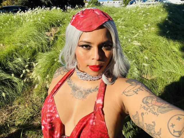 Chili a les cheveux argentés, robe rouge, casquette rouge, rouge à lèvres rouge, collier argenté, tatouages et regard intense dans le champ d'herbe ensoleillée.