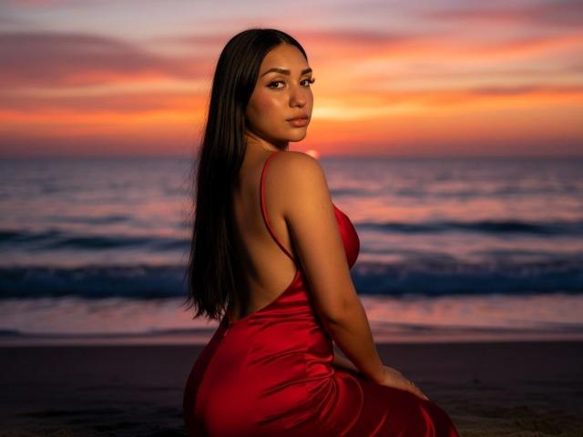 EmmaRubis, avec de longs cheveux noirs, une robe en satin rouge, dos à la caméra, montrant ses fesses, assise sur la plage au coucher du soleil, l'océan en arrière-plan, regardant par-dessus son épaule avec une expression suggestive..