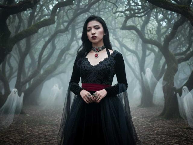 TiffanyNm has black lace dress, red gem necklace, dark lipstick, long black hair, and holds hands with black ringed fingers, standing in spooky forest with ghostly figures.