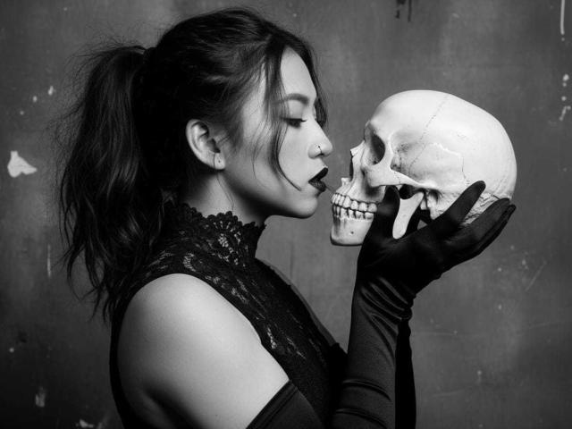 TiffanyNm with black lace top, long gloves, and ponytail, kissing a skull she holds in her hands, black lipstick, grayscale photo.