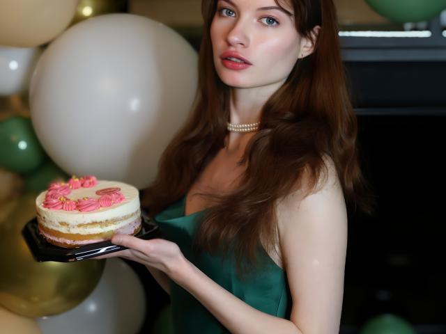 LoliyPop with long red hair, blue eyes, and a pearl necklace, holding a pink and white frosted cake with pink rosettes, smiling slightly.
