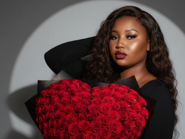 StarHottie, a dark-skinned woman with long, wavy black hair, holds a heart-shaped bouquet of vibrant red roses. She wears a black long-sleeve top, with her right arm raised, hand behind her head. Her makeup is bold, featuring dark red lipstick and subtle eyeshadow. The roses are densely packed, creating a textured, rich appearance. The image uses a soft shadow to highlight her face and the bouquet.