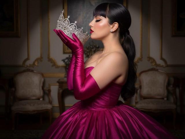A digital portrait of MissMonserrat. She's in profile, holding a silver tiara with both hands, her lips lightly touching it. She's wearing a bright pink satin dress with a strapless bodice and long gloves, her dark hair in a sleek ponytail. Her makeup is bold, with red lipstick. The background is a dimly lit, ornate room with two beige chairs. The dress has a full, shiny skirt, and her skin is smooth and light. The composition focuses on her elegant posture and the reflective surface of the tiara. Her expression is focused and dignified.