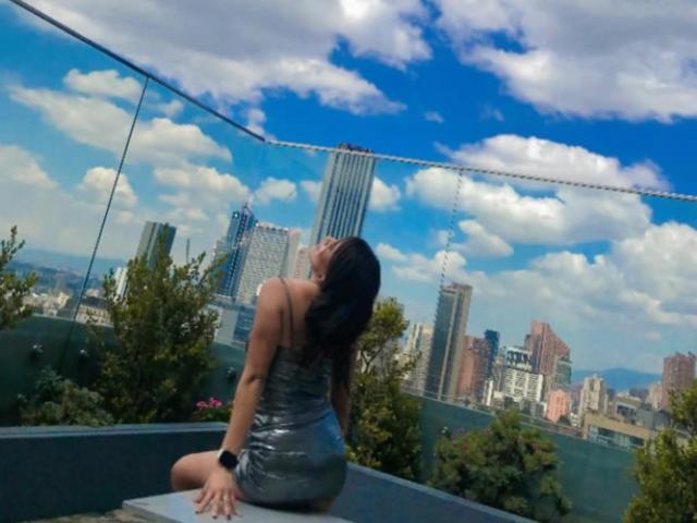 LucieMilner está sentada en la azotea, de espaldas a la cámara, vestida con un vestido plateado brillante, con las nalgas mirando hacia adelante, cabello negro, cielo azul con nubes, y el horizonte de la ciudad al fondo..