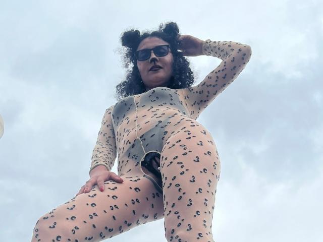 SeleneCollins with curly hair, wearing a sheer, patterned bodysuit, standing tall, black sunglasses, hand on head, visible pussy through bodysuit, cloudy sky background.