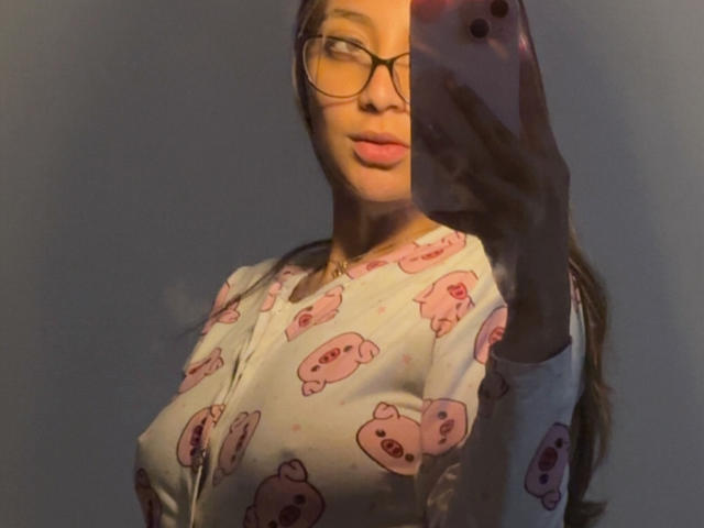 DianaFernandezz taking a selfie, wearing glasses, pink pig pattern shirt, highlighting her tits, holding a pink phone, long brown hair, subtle smile, blue-gray background.