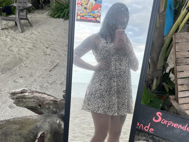 StellaBeckker in a leopard-print dress, standing in front of a mirror, showing her ass, holding a pink phone, with a beach and wooden structure in the background.