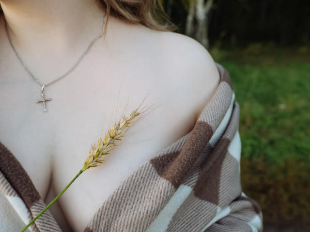 Close-up of JudeValenti's chest. She has light skin, and her brown hair is partially visible. A silver cross necklace rests on her chest. She's wearing a brown and white plaid shirt that's pulled down, revealing cleavage. A single grain of wheat is placed over her left breast. The texture of the shirt is ribbed, contrasting with her smooth skin. The image has a natural, outdoor setting.