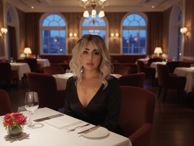 EmilyValk, with blonde wavy hair and black dress, sits at a restaurant table with a glass of water, flower vase, and silverware, looking serious and sexy.