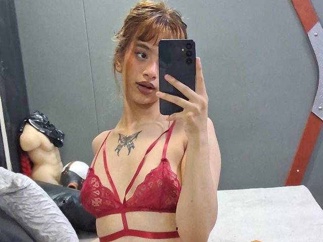 CamiMonet with red lace bra, showing tits, tattoo on chest, holding phone, mirror selfie, brown hair, pouty lips, grey wall, black dress on mannequin, in room.