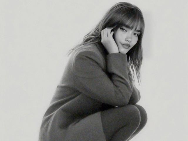 IsabelaLoben, squatting, wearing a dark sweater and leggings, hand on cheek, looking to the side, with long dark hair, and full lips, in a black-and-white photo.