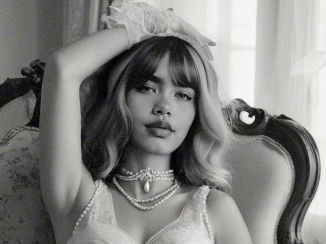 Black-and-white photo of IsabelaLoben with wavy hair, wearing lace dress, pearl necklace, and lace glove, arm raised, looking seductive, showing her tits, sitting in ornate chair.